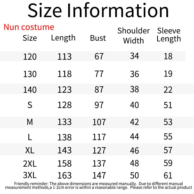 Nun costume size chart
