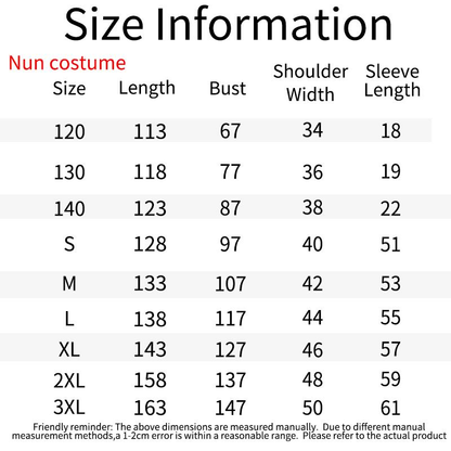 Nun costume size chart