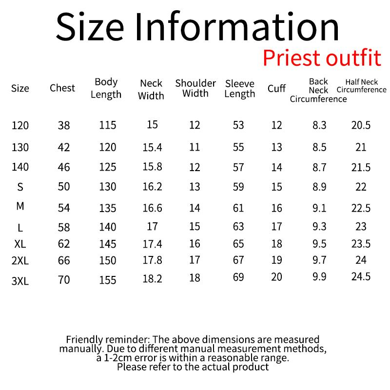 CostumeDaddy priest costume - size-chart
