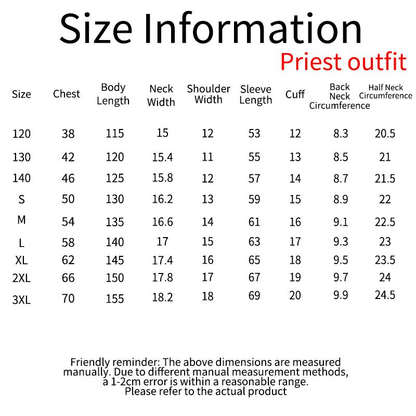 CostumeDaddy priest costume - size-chart